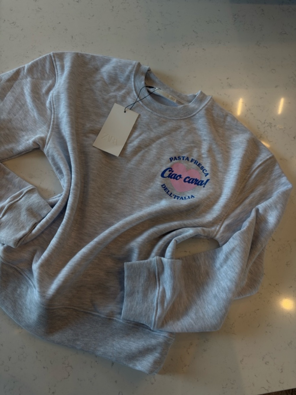 Zara Light Gray Crewneck Sweatshirt with Blue & Pink Chest Graphic